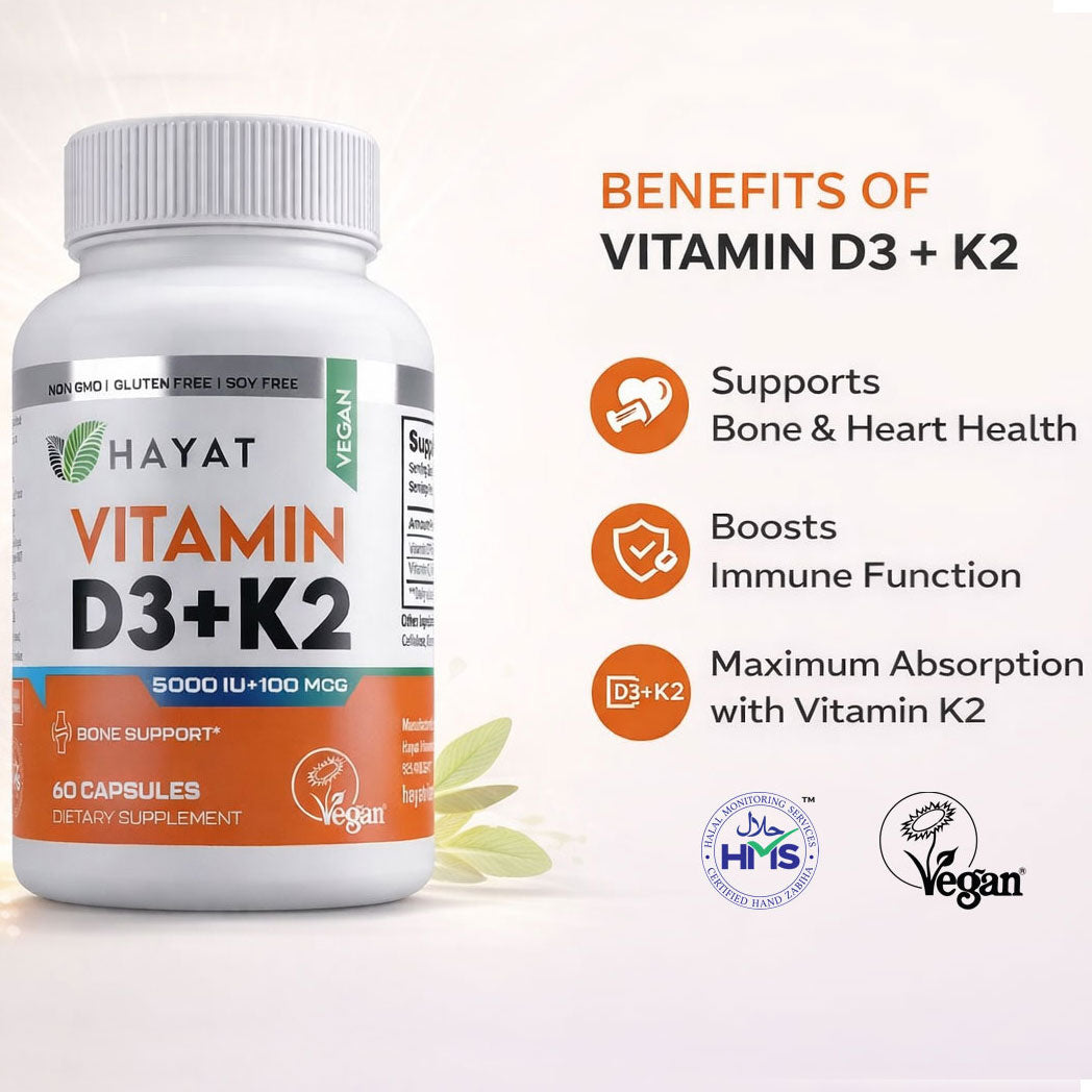 Hayat Vitamins Halal-Certified Vegan Vitamin D3 + K2 (5000IU + 100MCG)