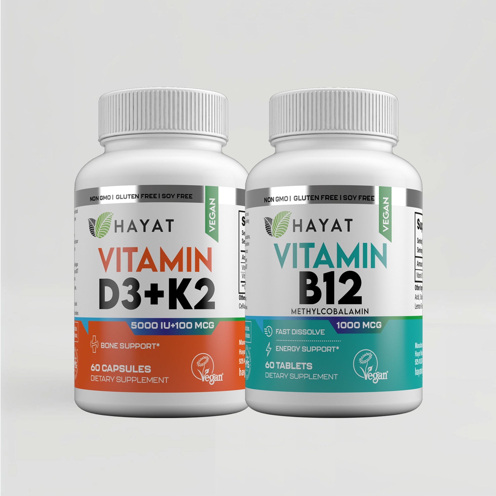 BUNDLE OFFER -  Halal-Certified Vegan Vitamin D3 + K2 (5000IU + 100MCG) +  Halal-Certified Vegan Vitamin B12 1000MG