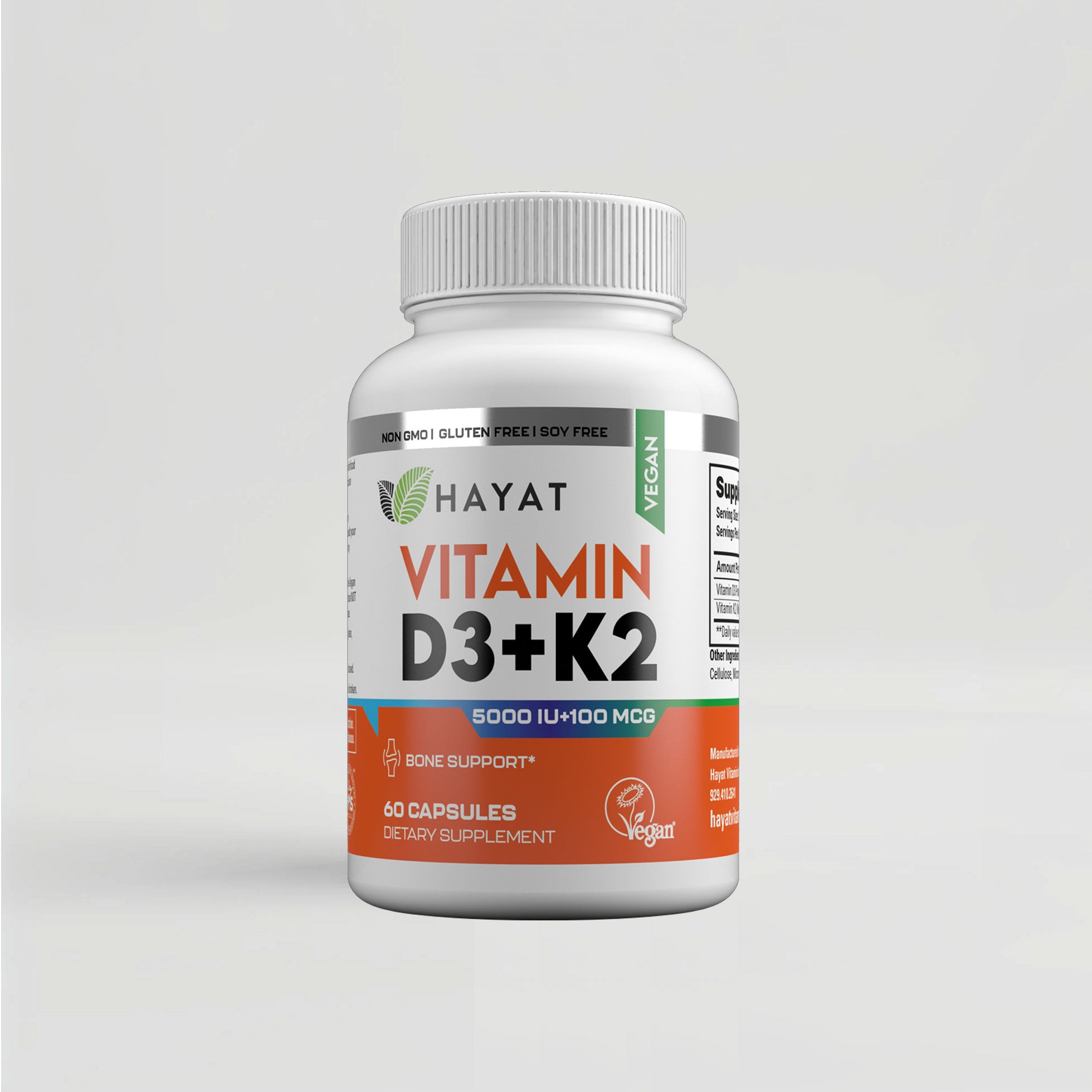 Hayat Vitamins Halal-Certified Vegan Vitamin D3 + K2 (5000IU + 100MCG)