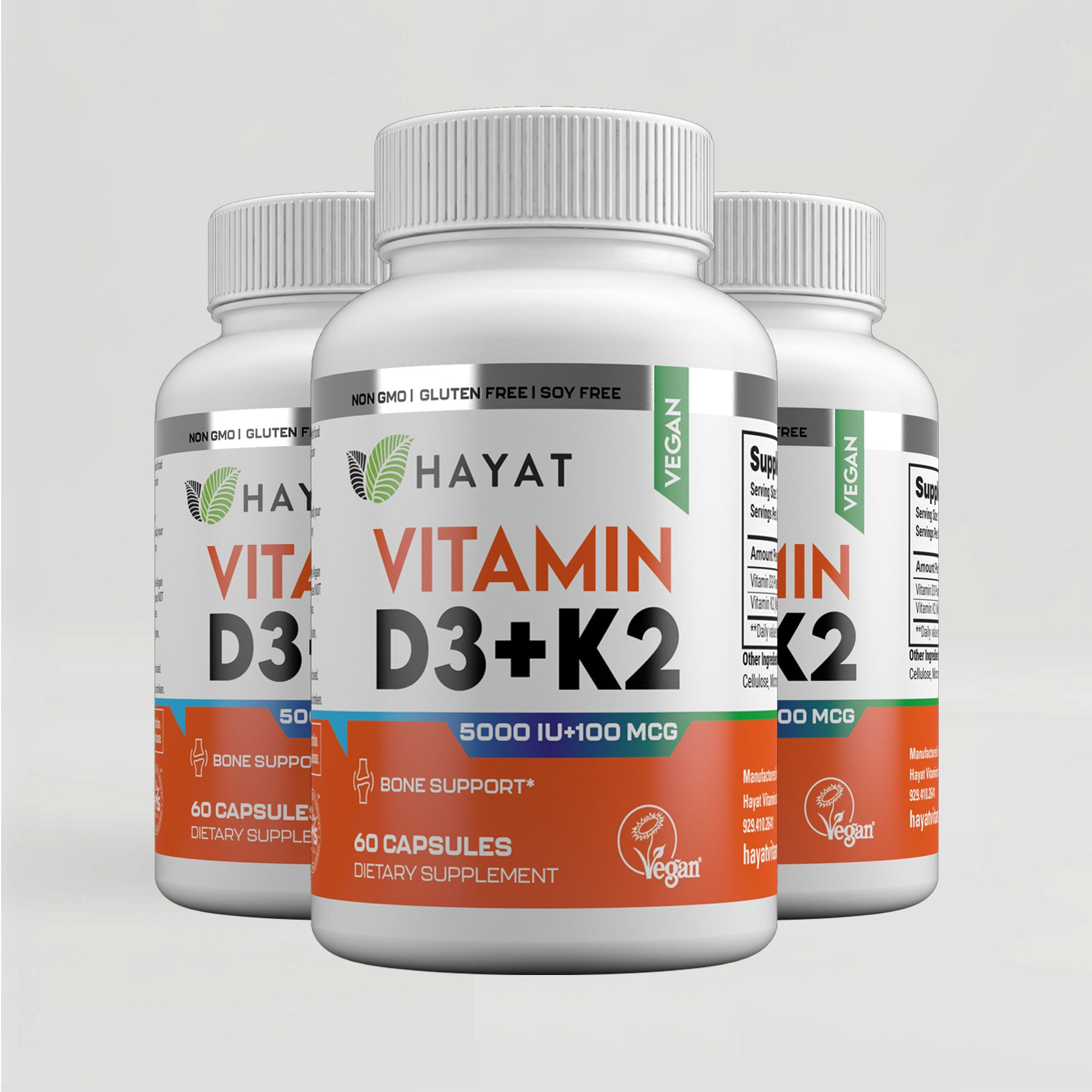 Hayat Vitamins Halal-Certified Vegan Vitamin D3 + K2 (5000IU + 100MCG) (Pack of 3)
