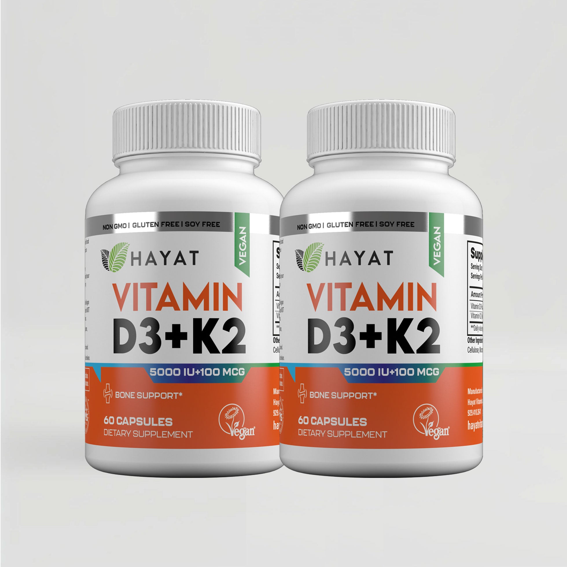 Hayat Vitamins Halal-Certified Vegan Vitamin D3 + K2 (5000IU + 100MCG) (Pack of 2)
