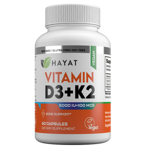 Hayat Vitamins Vegan Natural Vitamin D3 + K2 (5000IU + 100MCG), Certified Halal, 60 Capsules