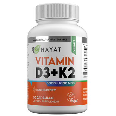 Hayat Vitamins Vegan Natural Vitamin D3 + K2 (5000IU + 100MCG), Certified Halal, 60 Capsules