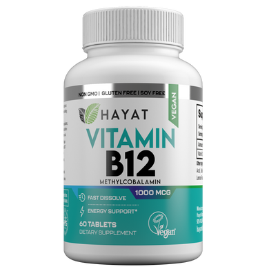 Hayat Vitamins Vegan Natural Vitamin B12 1000 MCG, Fast Dissolve, Certified Halal, 60 Tablets
