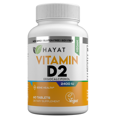 Hayat Vitamins Vegan Natural Vitamin D2 2400 IU, Certified Halal, 60 Tablets