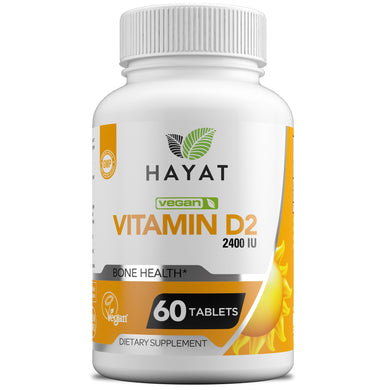 Hayat Vitamins Vegan Natural Vitamin D2 2400 IU, Certified Halal, 60 Tablets